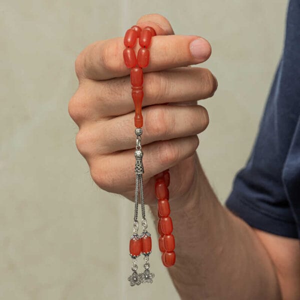 Gümüş Püsküllü Kapsül Kesim Sıkma Kehribar Tesbih - Görsel 4
