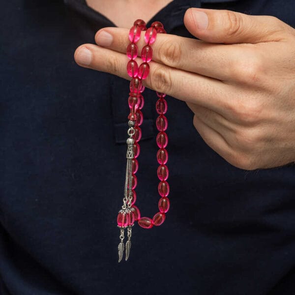 Gümüş Püsküllü Pembe Ateş Kehribar Tesbih - Görsel 2