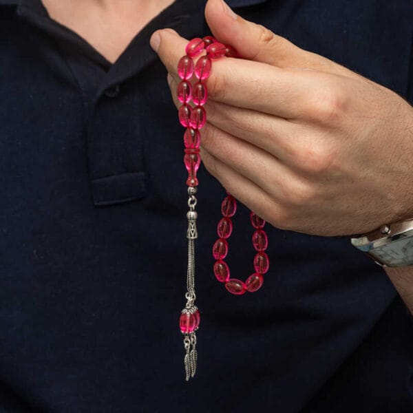 Gümüş Püsküllü Pembe Ateş Kehribar Tesbih - Görsel 3