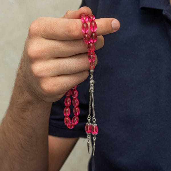 Gümüş Püsküllü Pembe Ateş Kehribar Tesbih - Görsel 4