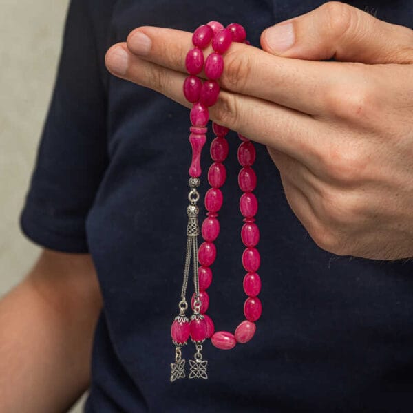 Gümüş Püsküllü Pembe Sıkma Kehribar Tesbih - Görsel 2
