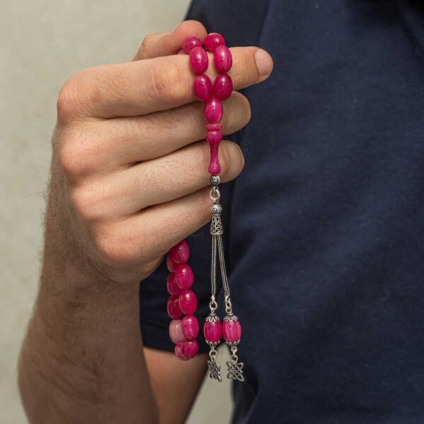 Gümüş Püsküllü Pembe Sıkma Kehribar Tesbih - Görsel 3