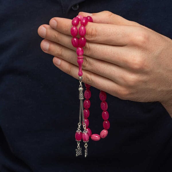 Gümüş Püsküllü Pembe Sıkma Kehribar Tesbih - Görsel 4