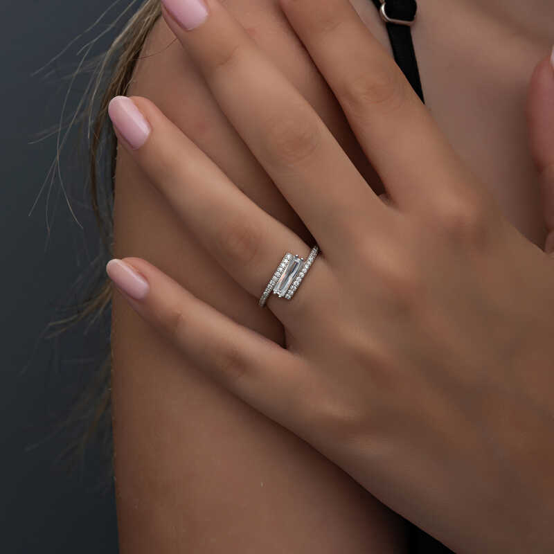 Gümüş Baget Taşlı Kadın Yüzük - Görsel 2