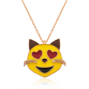 Gümüş Kalp Gözlü Kedi Emoji Kadın Kolye