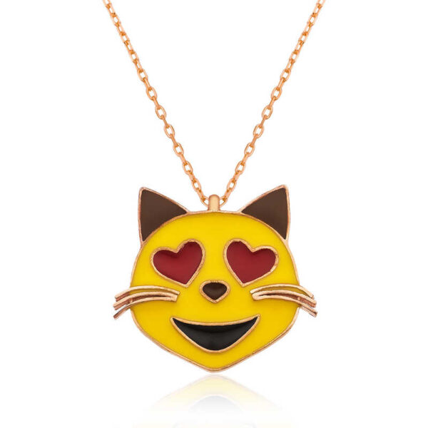 Gümüş Kalp Gözlü Kedi Emoji Kadın Kolye