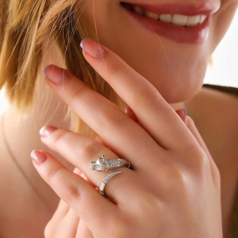 Gümüş Ayarlanabilen Kaplan Figürlü Kadın Yüzük - Görsel 2