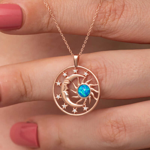 Gümüş Rose Opal Mavi Taşlı Ay Güneş Kadın Kolye - Görsel 5