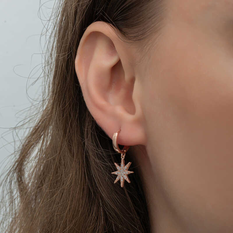 Gümüş Rose Sallantılı Kutup Yıldızı Kadın Küpe - Görsel 3