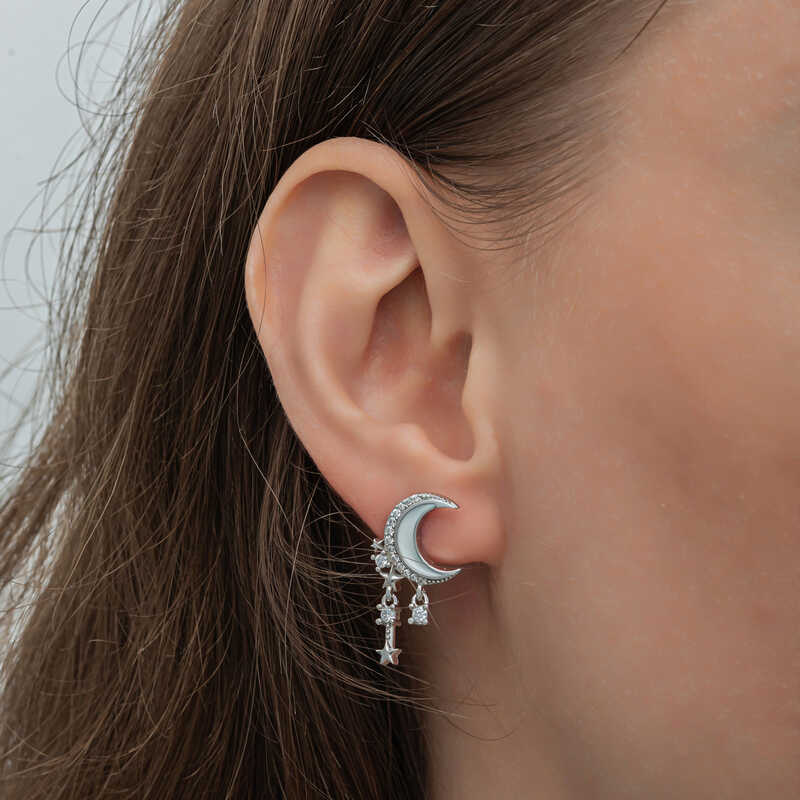 Gümüş Sallantılı Ay Yıldız Kadın Küpe - Görsel 3