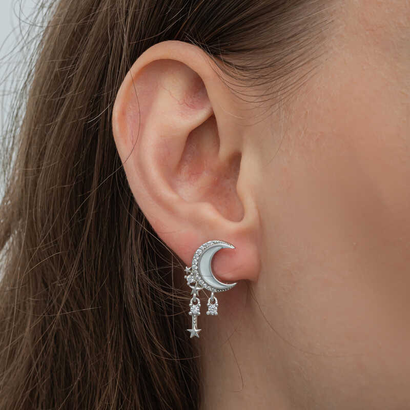 Gümüş Sallantılı Ay Yıldız Kadın Küpe - Görsel 4