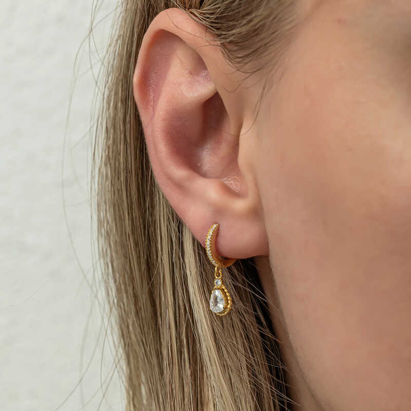 Gümüş Sallantılı Gold Damla Kadın Küpe - Görsel 4