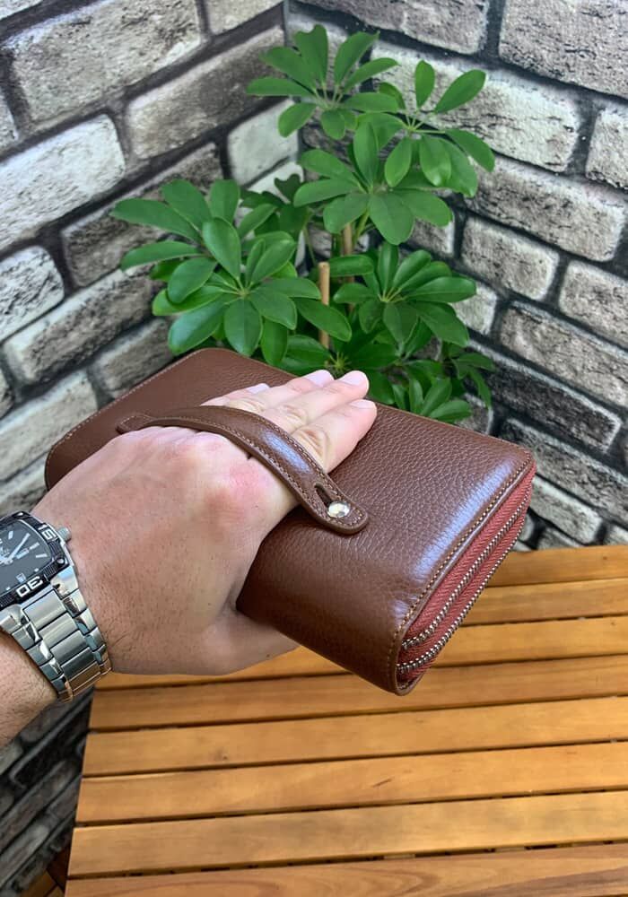 Guard Çift Fermuarlı Taba Deri El Çantası - Görsel 3