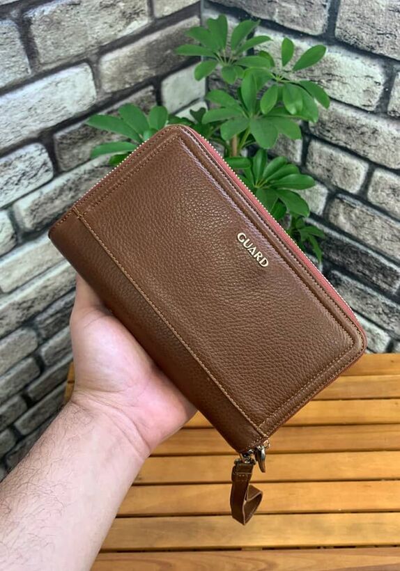Guard Çift Fermuarlı Taba Deri El Çantası