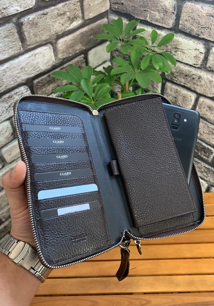 Guard Çift Fermuarlı Kahverengi Deri El Çantası - Görsel 2