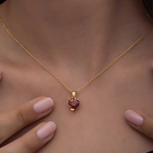 Gümüş Gold Kırmızı Taşlı Kalpli Kadın Kolye - Görsel 5