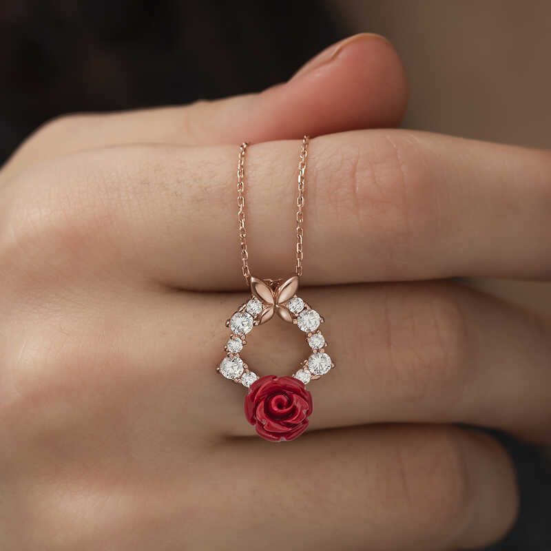 Gümüş Rose Kırmızı Gül Kolye - Görsel 2