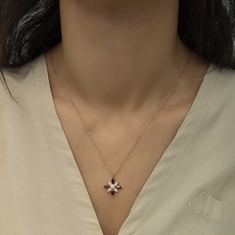 Gümüş Rose Kırmızı Taşlı Umut Çiçeği Kolye - Görsel 2