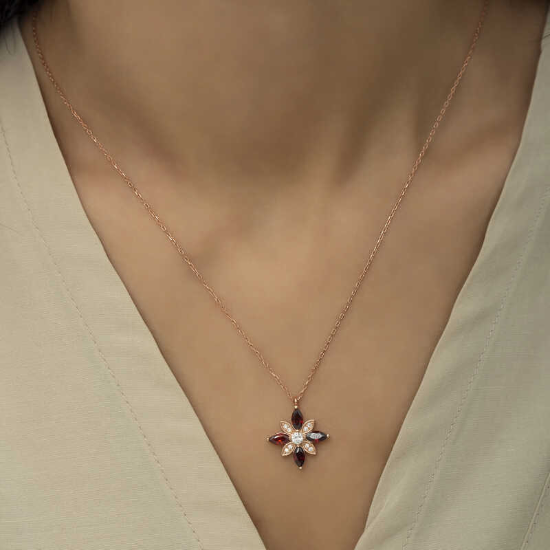 Gümüş Rose Kırmızı Taşlı Umut Çiçeği Kolye - Görsel 4