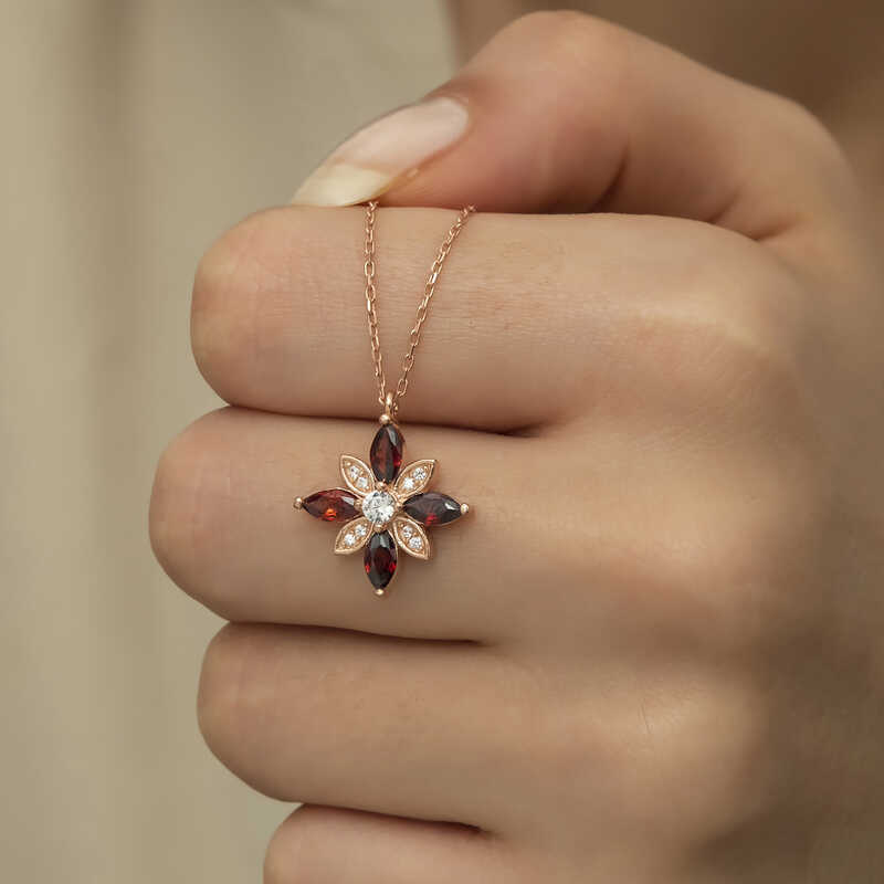 Gümüş Rose Kırmızı Taşlı Umut Çiçeği Kolye - Görsel 6