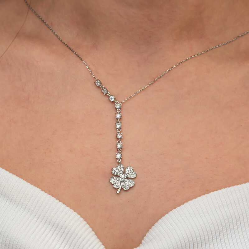 Gümüş Sıralı Zirkon Taşlı Yonca Kadın Kolye - Görsel 2