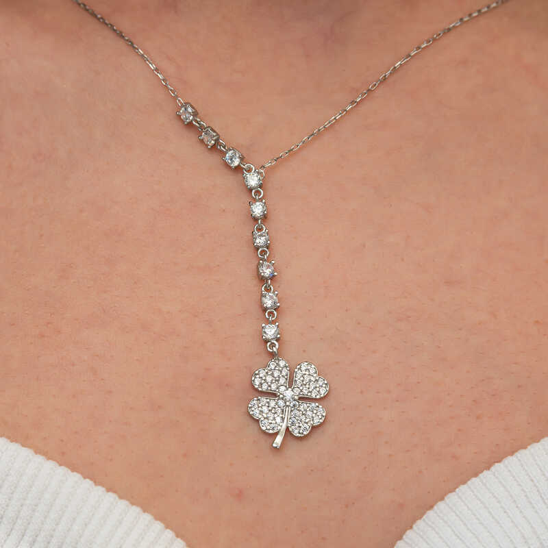 Gümüş Sıralı Zirkon Taşlı Yonca Kadın Kolye - Görsel 6